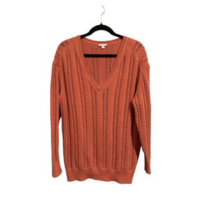 Gap Coral Orange V-Neck Open-Knit Sweater 100% Cotton Size M